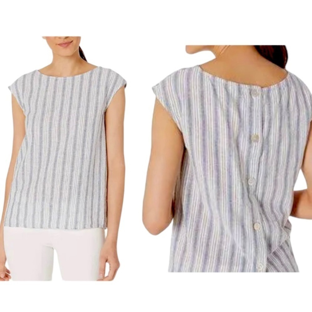 Max Studio White Blue Vertical Striped Linen Sleeveless Tank Top Shirt Button L